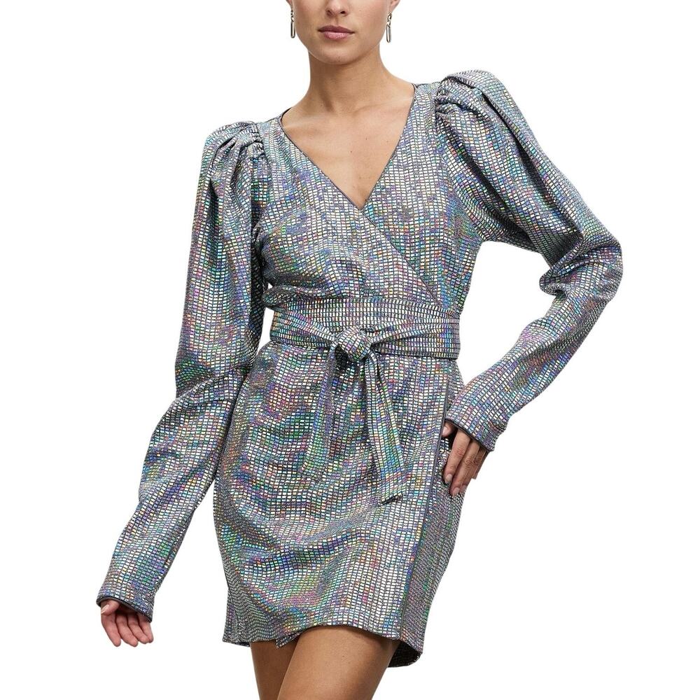 ROTATE Birger Christensen Bridget Sequin Wrap Mini Dress Silver US 0 EU 32 New